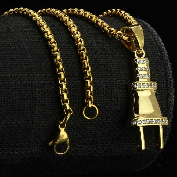 14k Gold Plug 24" Box Chain + Pendant - Picture 1 of 6